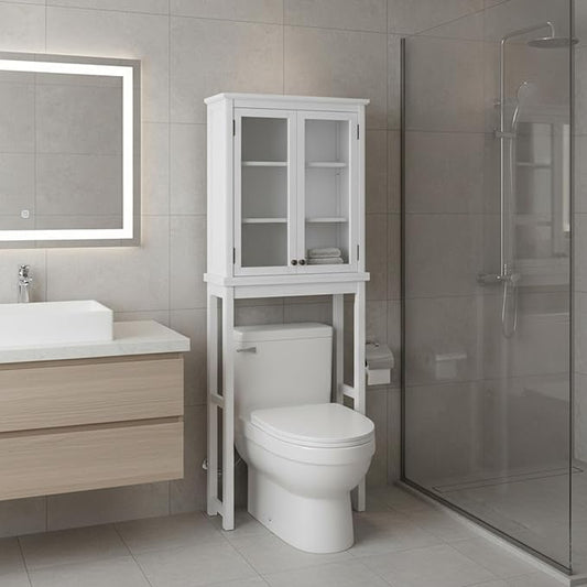 Alaterre Furniture Dorset Over-The-Toilet Storage Cabinet with Tempered Glass Doors – White Wood Bathroom Space Saver Organizer with Adjustable Shelves, Hutch & Wall Mount Hardware