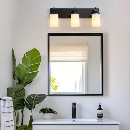 LOUSACE 3 Light Bathroom Vanity Lights Matte Black Bathroom Lighting Fixtures Over Mirror with Opal White Glass Shades, Wall Fixture Vanity Lighting