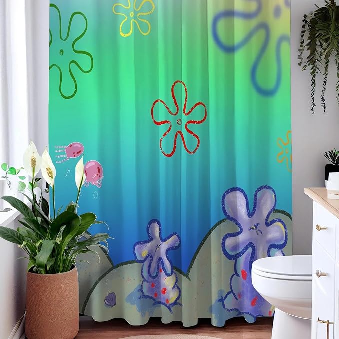 Gradient Green Ocean Cartoon Flower Shower Curtain Set 72x72 Inches | Vibrant Gradient Ocean Floral Print, Playful Underwater Decor, Fits Home Bathroom, Nice Gift for Kids and Animation Lovers