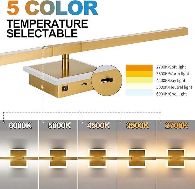 Gold Bathroom Vanity Light Fixtures Over Mirror, Modern 5CCT Adjustable Led Vanity Lights Fixture with RGB Ambiance Lighting, 24 Inch Bar Bathroom Sconce Picture Lights for Wall