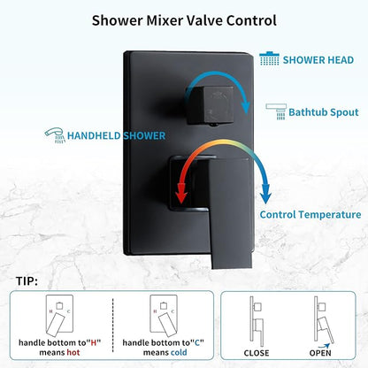 Matte Black Shower Faucet Set with Tub Spout 8 Inch, | with 2 Hooks, Tub and Shower Faucet Combo, Rain Shower and Handheld Shower System Square Wall Mount for Bathroom
