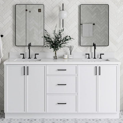 ARIEL Kelly 72-inch Bathroom Vanity with Sink,Solid Wood, 1.5-inch Pure White Quartz Countertop & Backsplash, Double Rectangular Porcelain Sink, 4 Soft Closing Doors, 5 Dovetail Drawers, White