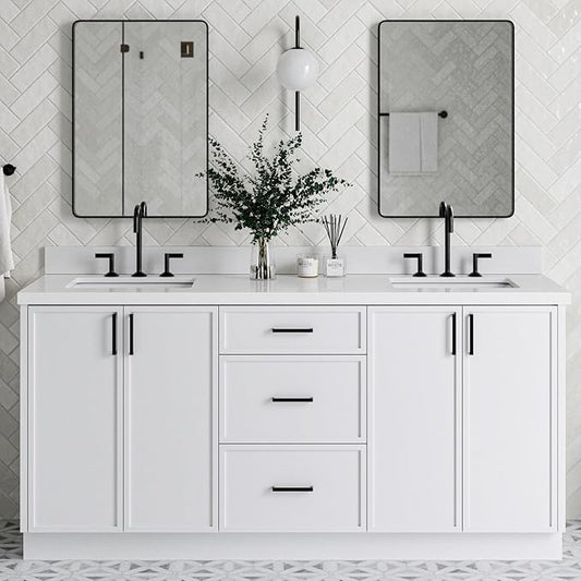 ARIEL Kelly 72-inch Bathroom Vanity with Sink,Solid Wood, 1.5-inch Pure White Quartz Countertop & Backsplash, Double Rectangular Porcelain Sink, 4 Soft Closing Doors, 5 Dovetail Drawers, White