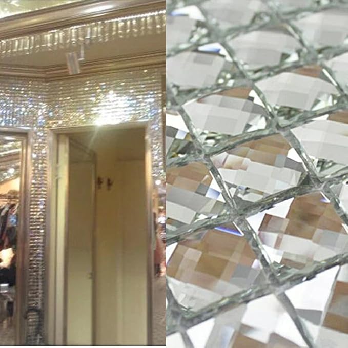 Mirror Tiles Silver Bathroom Wall Sheets Crystal Diamond Mosaic Tile Backsplash Kitchen Bevel Glass Subway Home Improvement Materials [Pack of 11PCS(12x12x0.16 Inches/Each)]