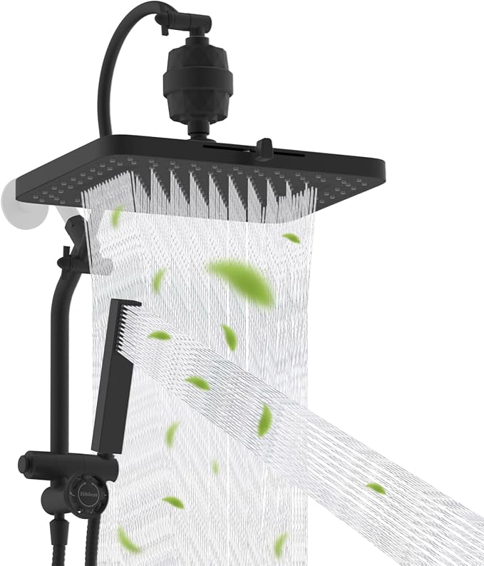 Hibbent 5-spray Filtered Rain Shower Head, 4-Spray Shower Wand, Matte Black | cUPC Certified High Pressure Rainfall Showerhead Combo, All Metal 4-way Diverter Extension Arm & Handheld Spray, 71'' Hose