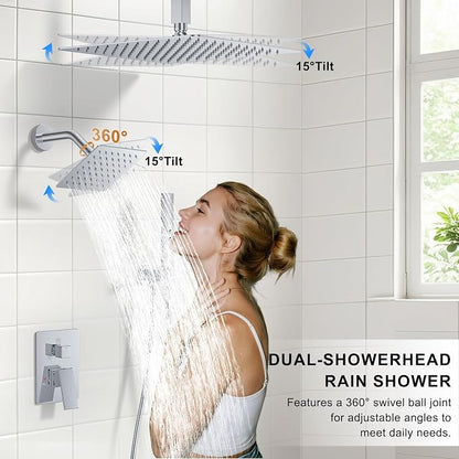 Rain Shower System 12" & 6" Dual Shower Heads Ceiling Shower Faucet Set | Ideal for bathroom remodels and upgrades with 12" rain shower, 6" angled shower, handheld spray and complete valve kit.