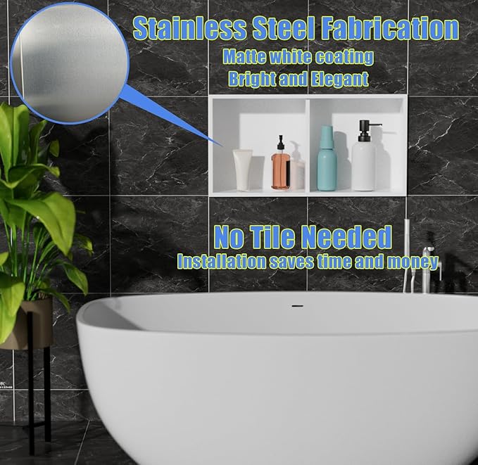 24 x 12 in Recessed Shower Niche with Double Shelves, Matte White Stainless Steel Wall Insert, No Tile Needed, Leakproof Built-in Storage for Bathroom, Kitchen