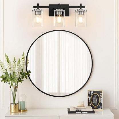 3-Lights Black and Brushed Nickel Bathroom Light Fixtures, Modern Black and Nickel Vanity Light with Clear Glass Shade, Wall Mount Lights Over Mirror for Bedroom Hallway Living Room