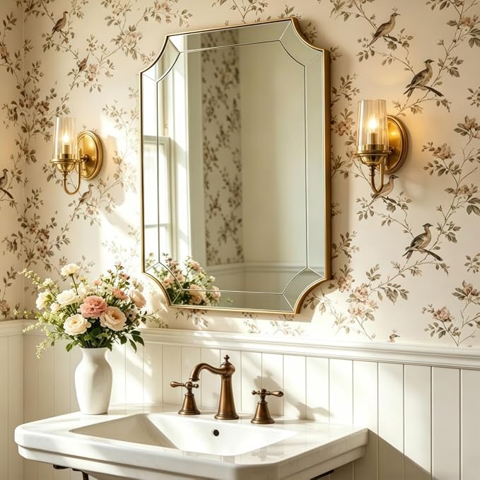 24x32 Inch Gold Mirror, Brushed Gold Bathroom Mirror, Antique Brass Rectangle Mirror, Scalloped Wall Mirror Decorative for Bedroom, Living Room, Entryway, Mid-Century Inspired Style
