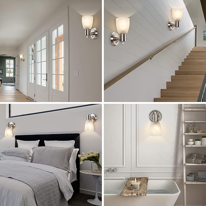EJIAXIN Wall Sconces Set of 2, Brushed Nickel Vanity Lights for Bathroom, Modern Wall Light Fixtures with Rotary Switch, Wall Mount Light with Frosted Glass, Farmhouse Lamp for Bedroom Living Room