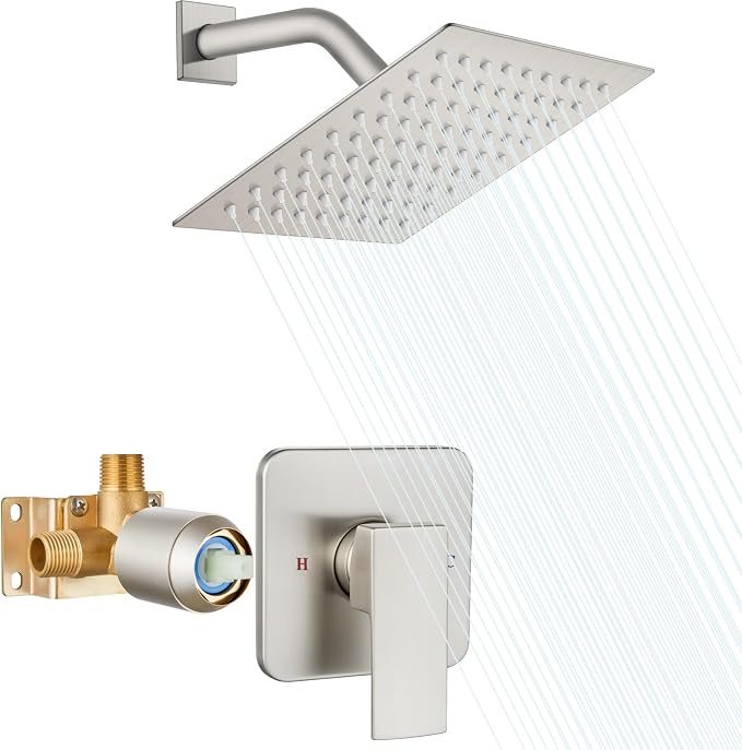 Heyalan 8-Inch Square Rain Shower Faucet Set with Valve, Brushed Nickel | SUS304 stainless steel shower head, male NPT 1/2-inch valve, single-handle control, adjustable angle, 1.8 GPM