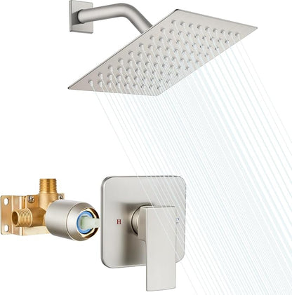 Heyalan 8-Inch Square Rain Shower Faucet Set with Valve, Brushed Nickel | SUS304 stainless steel shower head, male NPT 1/2-inch valve, single-handle control, adjustable angle, 1.8 GPM