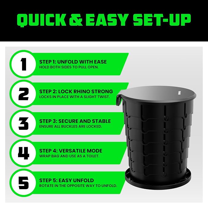 Rhino USA XL Portable Toilet for Camping (400lb Capacity) - Adjustable | Retractable, collapsible design. Adjustable height 4-16in. For adults & kids, camp, RV, boat or car use. Black