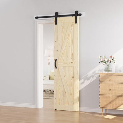SmartStandard 28in x 80in Sliding Barn Wood Door Pre-Drilled Ready to Assemble, DIY Unfinished Solid Spruce Wood Panelled Slab, Interior Single Door Only, Natural, K-Frame (Fit 5FT Rail) | Pre-Drilled Ready to Assemble, DIY Unfinished Solid Spruce Wood...