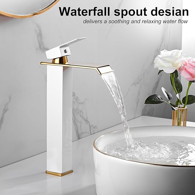 White Gold Faucet Bathroom Vessel Sink Golden Waterfall Spout Faucet Single Handle Bowl Sink Faucet Modern Single Hole Basin Vanity Tall Bathroom Sink Faucet with Pop Up Drain Stopper Supply Hose