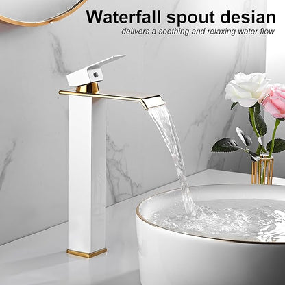 White Gold Faucet Bathroom Vessel Sink Golden Waterfall Spout Faucet Single Handle Bowl Sink Faucet Modern Single Hole Basin Vanity Tall Bathroom Sink Faucet with Pop Up Drain Stopper Supply Hose