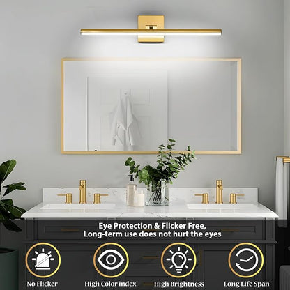 LED Bathroom Vanity Light, Modern Bathroom Light Fixture Over Mirror (3000K/4000K/6000K, Dimmable), Vanity Light Bar with Angle Adjustable, 24 Inch, Brass