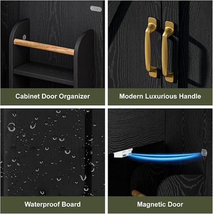 24 Inch Bathroom Vanity with Sink, Small Modern Bathroom Cabinet with LED Light, Bathroom Vanity Set, Double Soft Closing Cabinet Door with Organizer, Black
