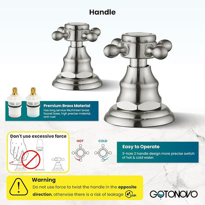 gotonovo Widespread Bathroom Sink Faucet 3 Hole Brushed Nickel,No Label | Vintage 8’’ Bathroom Faucet,2 Cross Handle,6-16’’ Sink,Vanity,RV,Farmhouse,SUS304,24’’ cUPC Hose,Pop Up Drain,Deck Mount