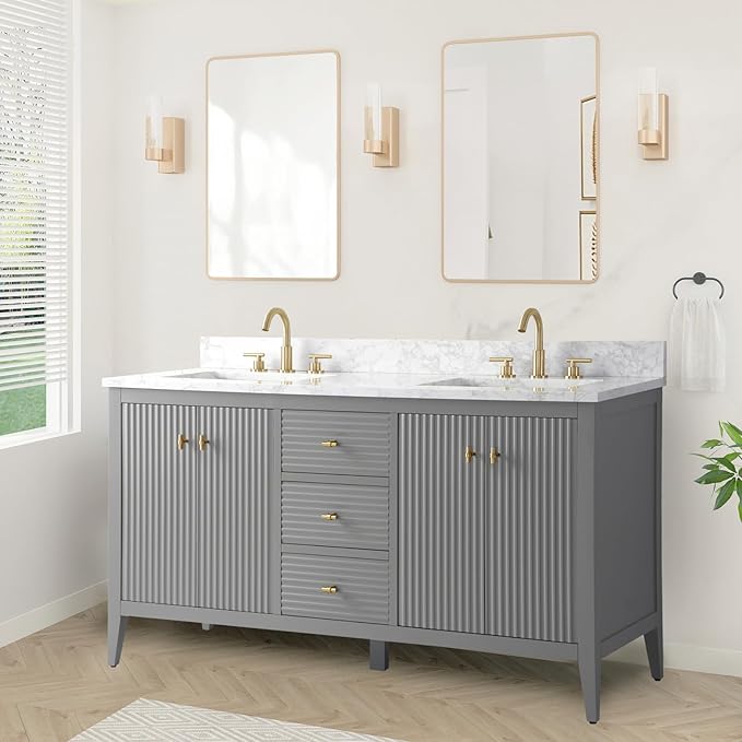 HOMEBEYOND 60" Bathroom Vanity with Double Sink, Solid Wood Bathroom Vanity Free-Standing Cabinet, Ceramic Top & Soft Closing Door, Golden Brushed Handware, Cashmere Gray
