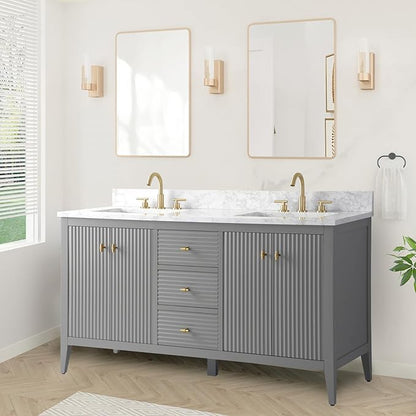 HOMEBEYOND 60" Bathroom Vanity with Double Sink, Solid Wood Bathroom Vanity Free-Standing Cabinet, Ceramic Top & Soft Closing Door, Golden Brushed Handware, Cashmere Gray