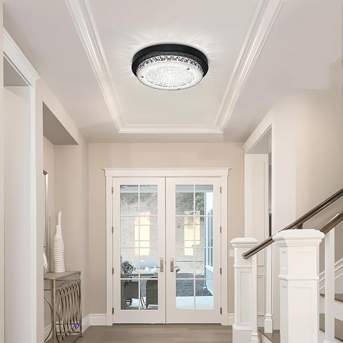 Black Flush Mount Ceiling Light Fixture 13" Hallway Light Fixtures Ceiling Crystal LED Bathroom Dimmable Bedroom Lights for Ceiling
