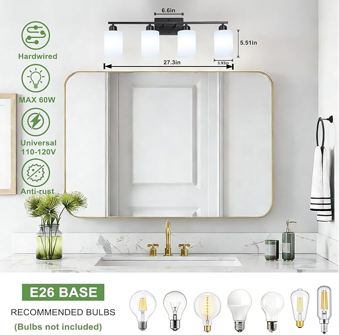 4-Light Bathroom Vanity Lights, Modern Vanity Lighting with Milky White Shades, Anti-Rust Black Bathroom Light Fixtures Over Mirror, Bathroom Wall Lamp for Mirror Bathroom Living Room Cabinet