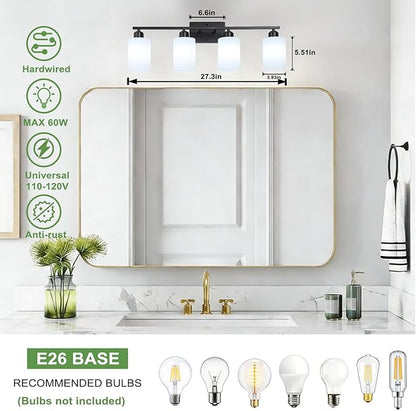 4-Light Bathroom Vanity Lights, Modern Vanity Lighting with Milky White Shades, Anti-Rust Black Bathroom Light Fixtures Over Mirror, Bathroom Wall Lamp for Mirror Bathroom Living Room Cabinet