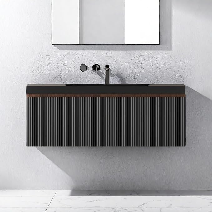 Wall Mounted Bathroom Sink Vanity, Modern 42" Floating Vanity with Resin Top Basin Sink and U-Shaped Soft-Close Storage Drawer, Striped Bathroom Storage Cabinet with Invisible Handle, Black