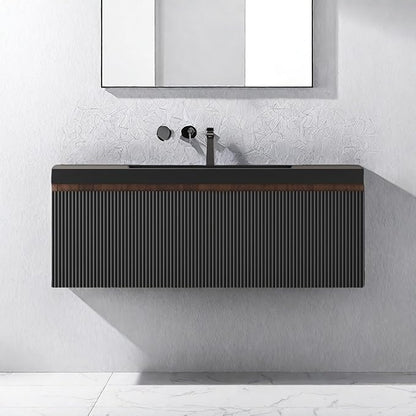 Wall Mounted Bathroom Sink Vanity, Modern 42" Floating Vanity with Resin Top Basin Sink and U-Shaped Soft-Close Storage Drawer, Striped Bathroom Storage Cabinet with Invisible Handle, Black