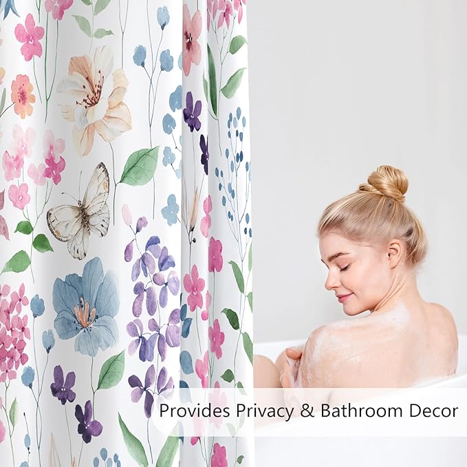 Extra Long Shower Curtain 72 x 96 Inch, Floor to Ceiling X-Long Colorful Floral Shower Curtain, Pink Green Blue Flower Butterfly Fabric Shower Curtain Set with Hooks