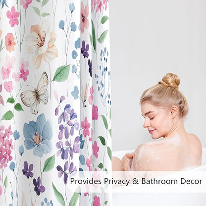 Extra Long Shower Curtain 72 x 96 Inch, Floor to Ceiling X-Long Colorful Floral Shower Curtain, Pink Green Blue Flower Butterfly Fabric Shower Curtain Set with Hooks