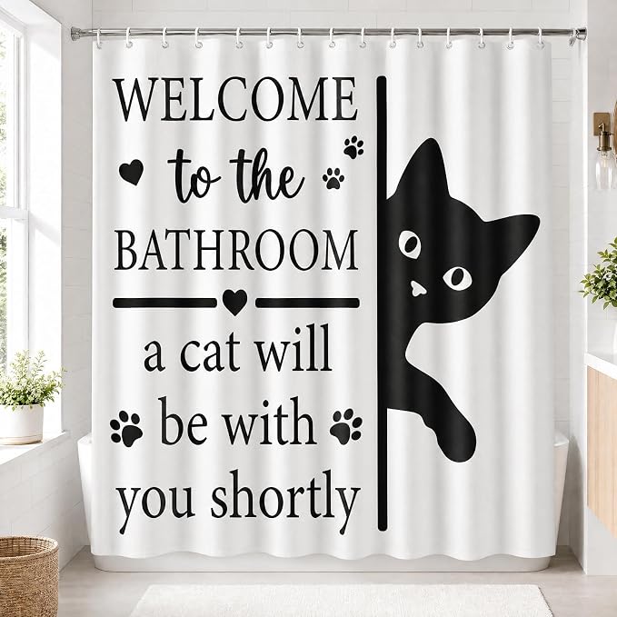 Funny Cat Shower Curtain, Fun Cartoon Black Cat Bath Curtain | 72x72 Inches, Waterproof Polyester Fabric, Welcome to the Bathroom Decor for Home Decorations, Includes 12 Hooks