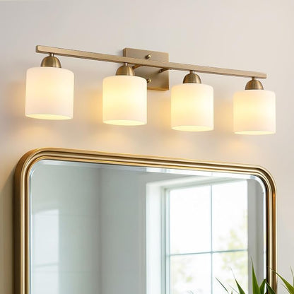 Mecgirn Milk Glass Vanity Lights for Bathroom, 4 Light Brass Bathroom Light Fixtures Over Mirror, Ceramic E26 Sockets Wall Mounted