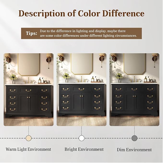 48 Inch Classic Black Bathroom Vanity with Sink, Solid Wood | Pre Assembled, Freestanding Storage Cabinet, Single Ceramic Sink, Engineered Stone Top, Soft Closing Doors, Dovetail Drawers