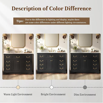 48 Inch Classic Black Bathroom Vanity with Sink, Solid Wood | Pre Assembled, Freestanding Storage Cabinet, Single Ceramic Sink, Engineered Stone Top, Soft Closing Doors, Dovetail Drawers