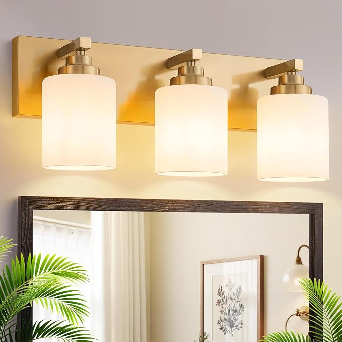 Vanity Lights for Bathroom, 3-Light Brushed Gold Bathroom Vanity Light Over Mirror with Milky White Glass Shades, Modern Bathroom Light Fixtures for Living Room Hallway Cabinet (Bulbs Not Included)