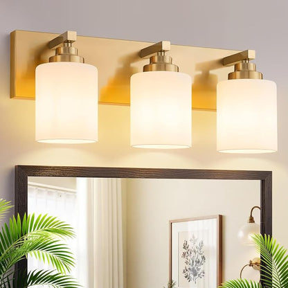 Vanity Lights for Bathroom, 3-Light Brushed Gold Bathroom Vanity Light Over Mirror with Milky White Glass Shades, Modern Bathroom Light Fixtures for Living Room Hallway Cabinet (Bulbs Not Included)