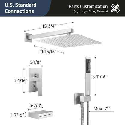KES Shower Faucet Set 12 Inch Rain Shower Head 3-Function Shower System with Tub Spout Rainfall Shower Head with Handheld Shower, Pressure Balance Valve Brushed Nickel, XB6305F18S12-BN