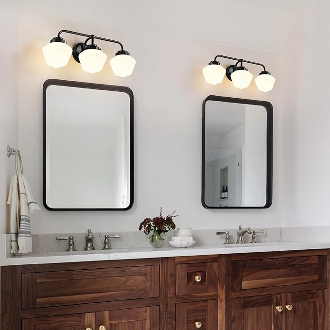Bathroom Vanity Light Fixtures: 3-Light Black Vanity Lights for Bathroom Over Mirror, Farmhouse Wall Sconce Lighting with Frosted Milky Glass for Kitchen (Exclude Bulb)