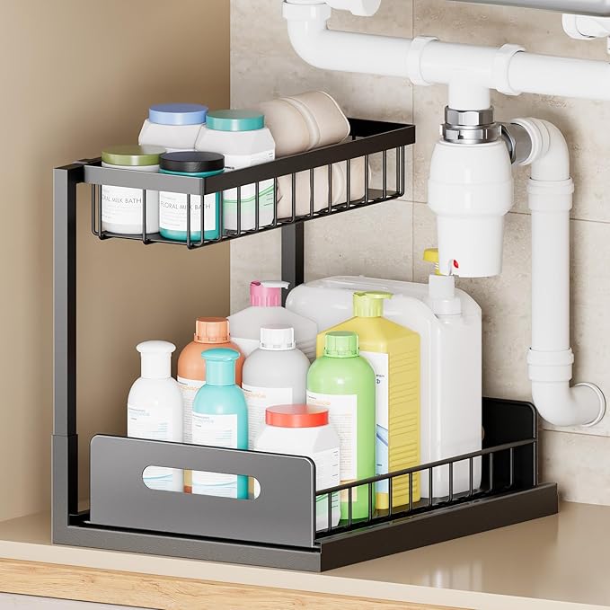 VUSIGN Under the Sink Organizer, 2-Tier Pull Out Cabinet Organizer, Metal Slide Out Storage for Bathroom Kitchen, 1 Pack, Black