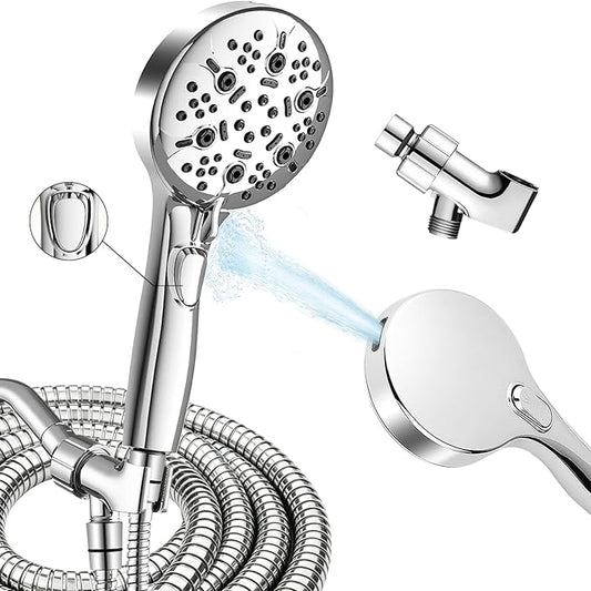 High Pressure Shower Head with Handheld,Power Wash & Auto Reset | 8-setting Shower Spray with on off Switch,79in Stainless Steel Extra Long Hose&Bracket.Easy for Seniors, kids & Pets,Sliver