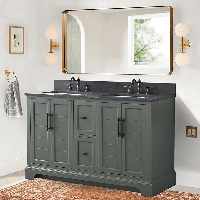 Vanity Art 54 Inch Double Sink Bathroom Vanity with Ceramic Sink and Stone Top | Undermount Rectangular Sink Cabinet Soft Closing Doors, Dovetailed Drawers, No Mirror VA5054-VG