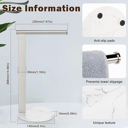 Hand Towel Holder Stand for Bathroom, L- Shaped Standing Hand Towel Rack, Towel Bar Kitchen Vanity Countertop Organizer, SUS304 Stainless Steel Material (Marble Base, Brushed Nickel)
