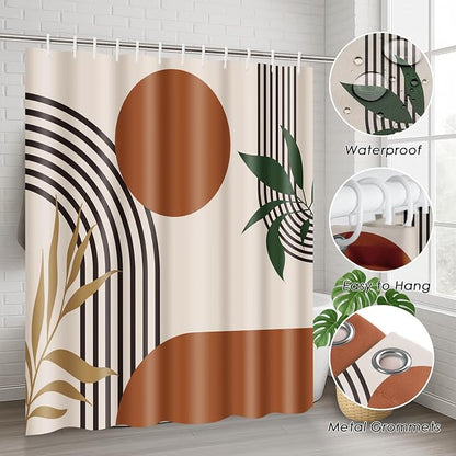 Bathroom Sets with Shower Curtain and Rugs, 4 Pcs Geometric Boho | Abstract Mid Century Bathroom Decor Set with Toilet Lid Cover, Non-Slip Bath Mats and Accessories 12 Hooks