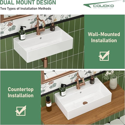 21x12 Wall Mounted Bathroom Sink | Ceramic, Floating, ADA Compliant, Rectangular Shape, Easy to Clean, Ideal for Bathroom, Lavatory, Vanity