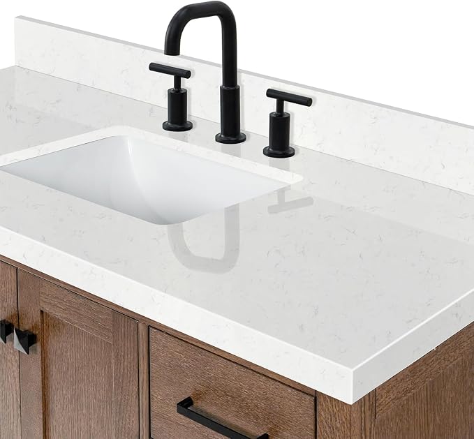 DKB Beckford 48-Inch Brown Oak Single Bathroom Vanity with Sink, 1.5-Inch Edge Carrara White Quartz Countertop & 4" Backsplash, Soft-Closing Doors & Drawers, Solid Oak Wood Construction