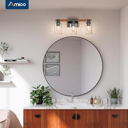 Amico 3-Light Farmhouse Vanity Light Fixture, Rustic Wood Bathroom Light Fixtures, Industrial Vintage Black Wall Sconces Lights with Bubble Glass Shade for Mirror, Bedroom, Living Room, Hallway