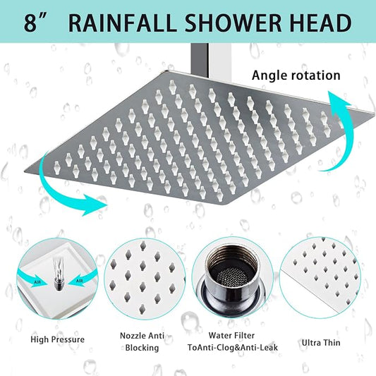 8 Inch Shower Faucet Set Ceiling Mount, High Pressure Rainfall Shower System, Square Rain Shower Head with Handheld Spray Combo, Ceiling Luxury Rainfall Shower Fixtures (L-Style)