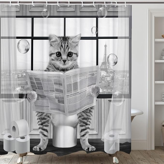 Cute Cat Shower Curtain, Funny Cat Reading on Toilet Shower Curtain Set, Black White Grey Fabric Shower Curtains for Kids Bathroom with Hooks 72X72inches